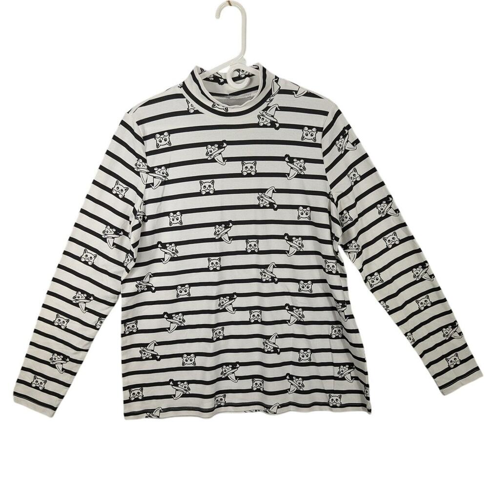 Kim Rogers Shirt Womens XL Black White Cat Stripes Mock Neck Halloween Teacher